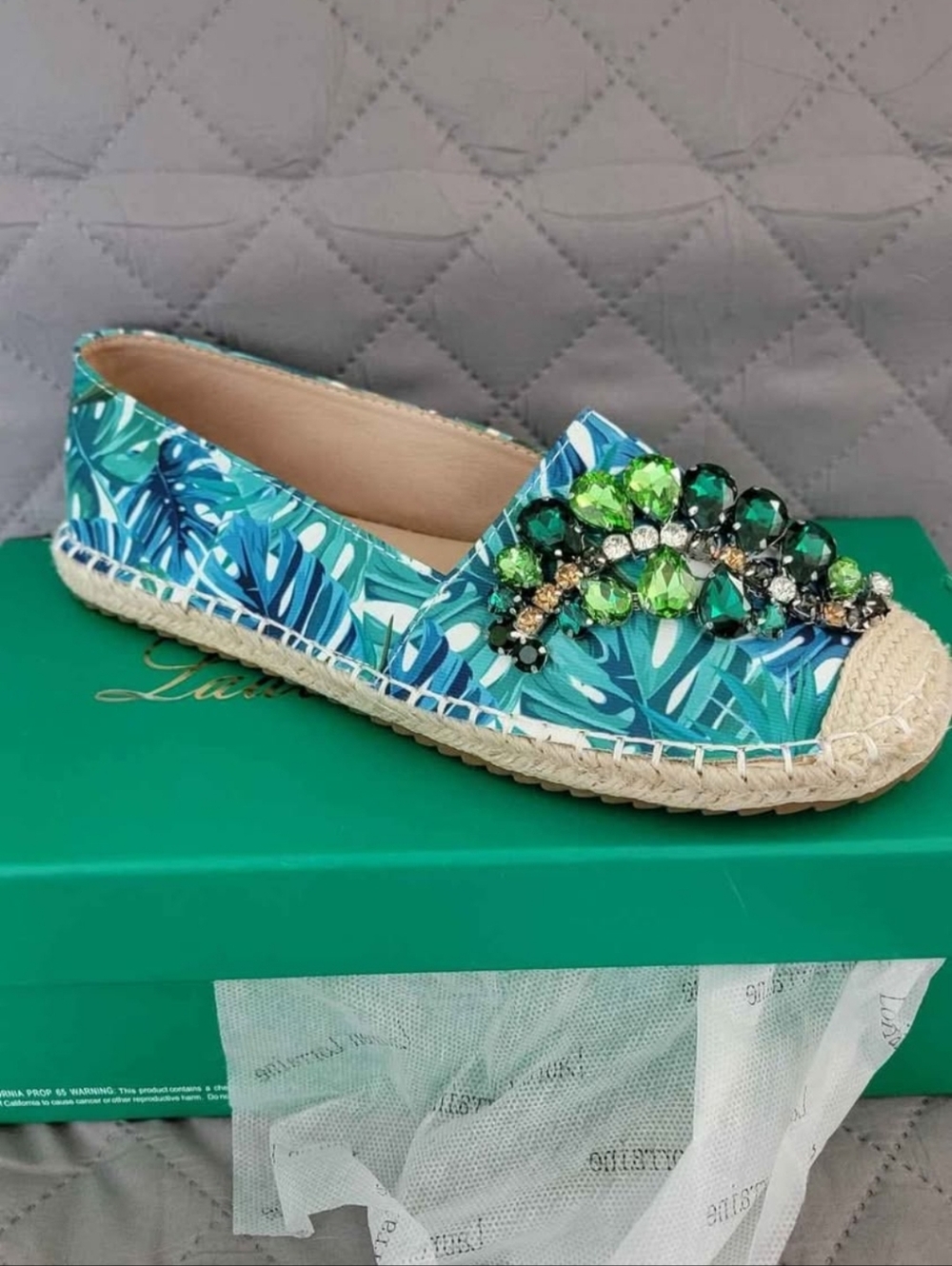 Lauren Lorraine Teal & Green Jeweled Tropical Espadrilles